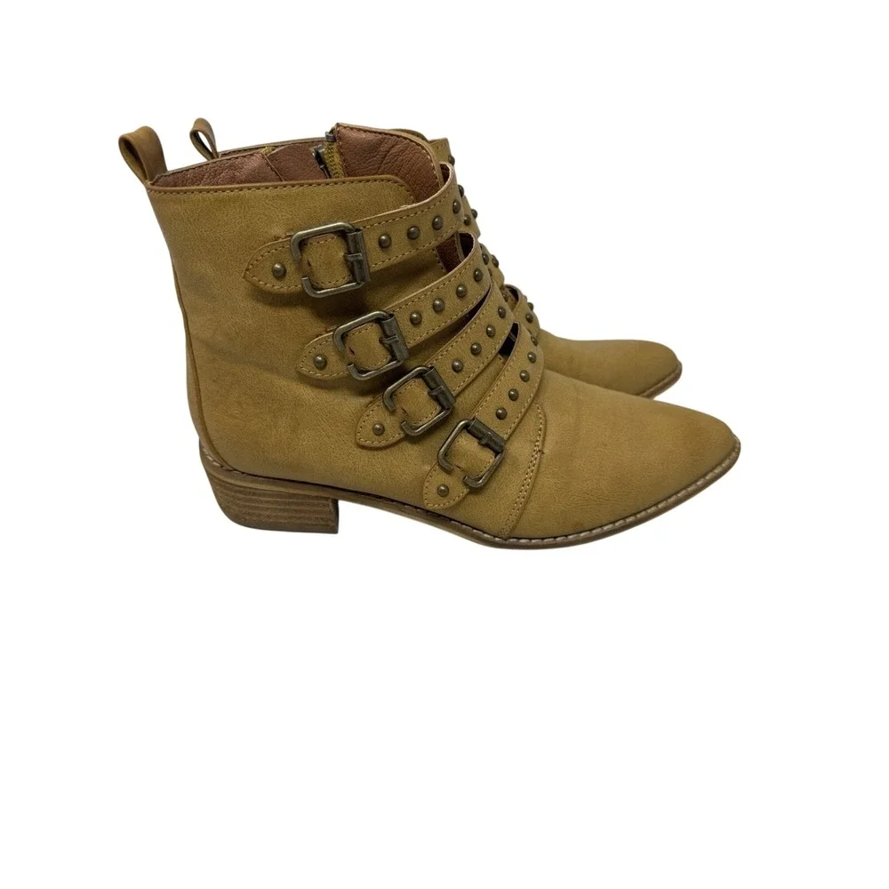 🔥Beast Fashion Sz🚨 6 Tan Ankle Boots 4-Strap Multi Buckle Studded Moto Booties